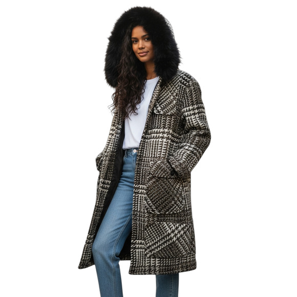 A.B.S. Allen Shwartz Womens Coat Size 14 Houndstooth Luxury Fur Hood Wool Blend - Picture 1 of 16
